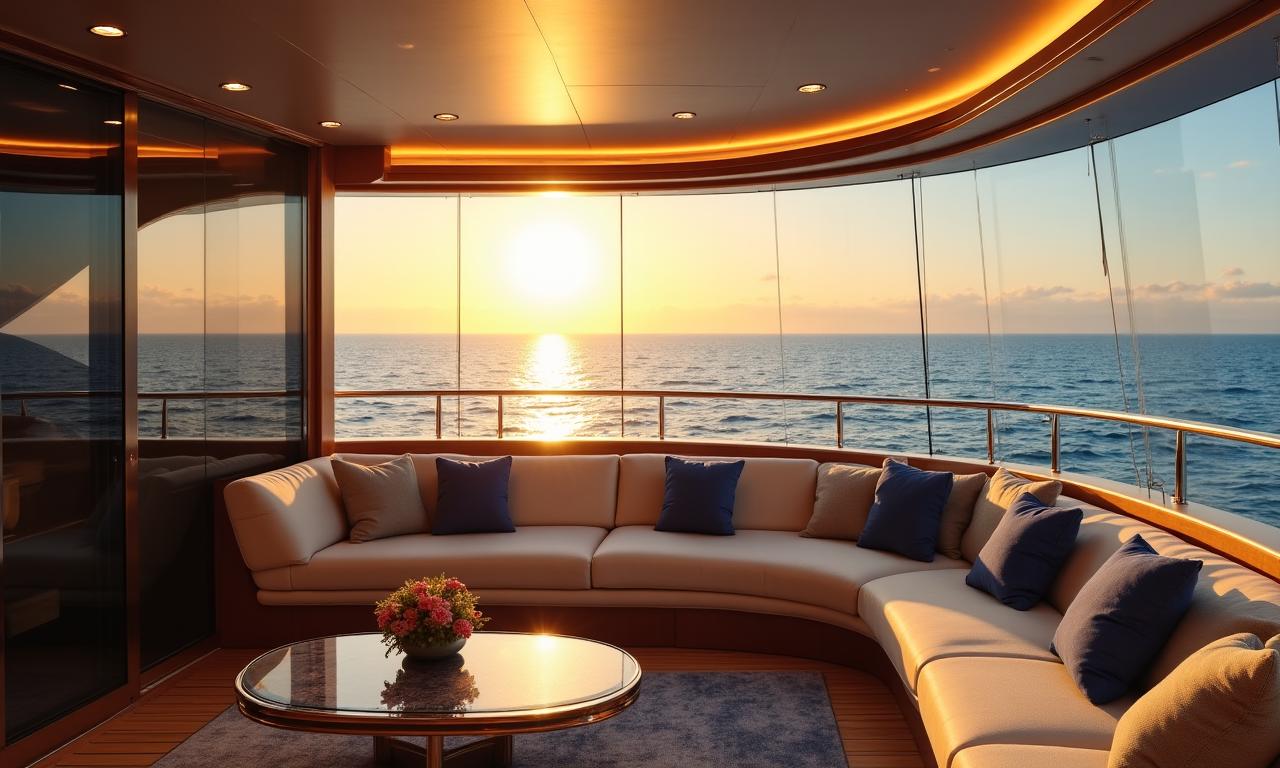 Interno di un moderno yacht di lusso con vista mare